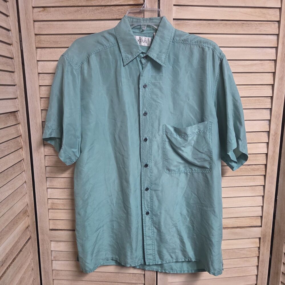 Vintage Bogari Sea Green 100% Silk Short Sleeve Button Up Camp Shirt Size Small